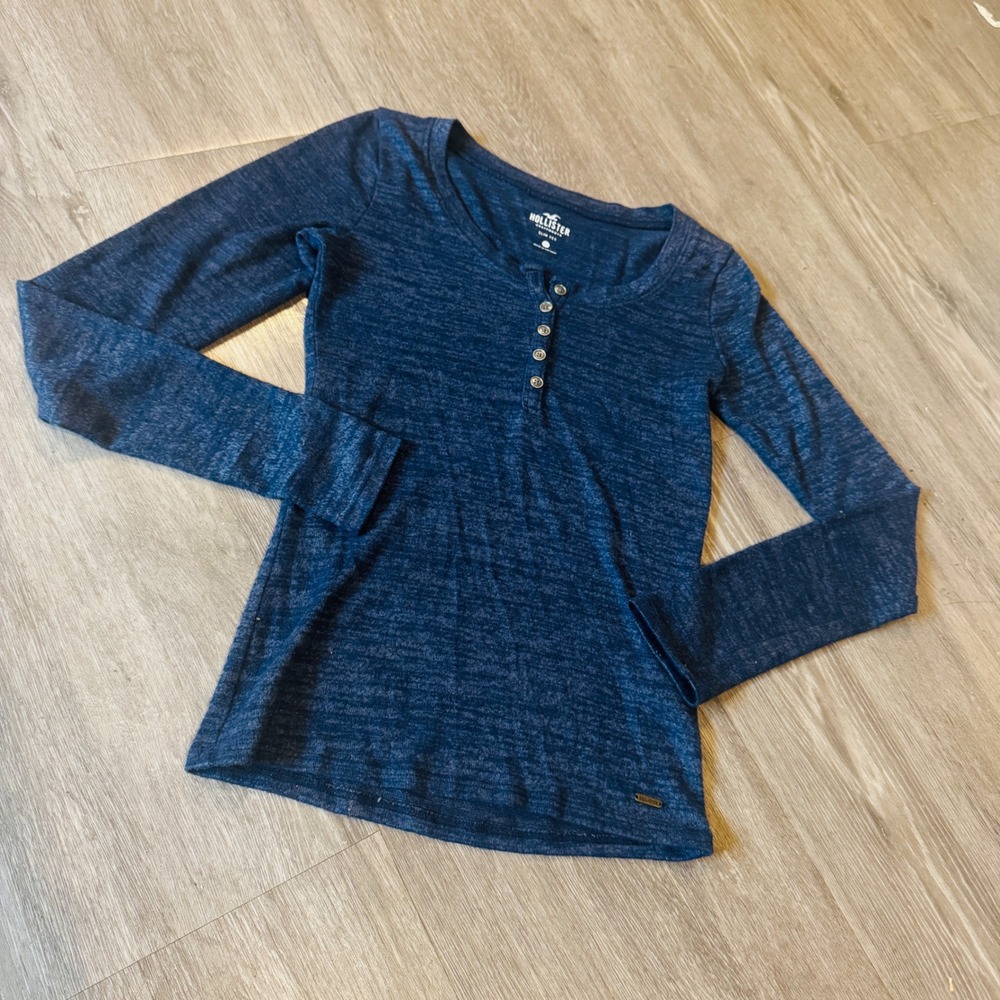 Hollister Womens Navy Blue Space Dye Henley Long Sleeve Slim Tee Shirt Small
